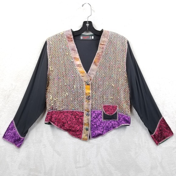 Vintage Jackets & Blazers - Vintage Jacket Women M Patchwork Colorful‎ Chenille Velvet Art to Wear Hippie